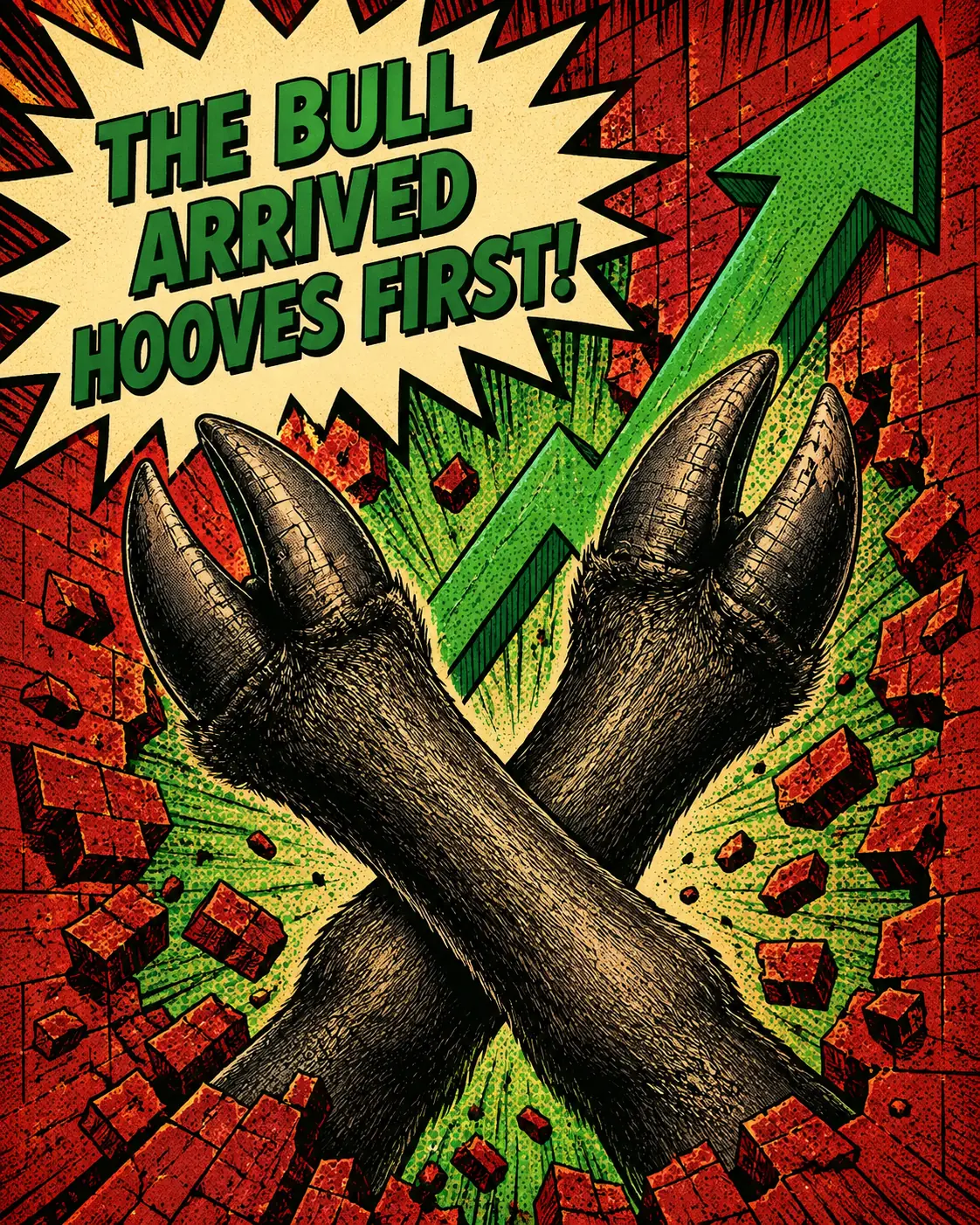 Comic panel: the bull arrived hooves first